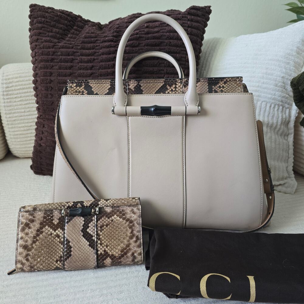 Gucci Beige Leather & Python Lady Bamboo Set + COA's/Dust Bag.